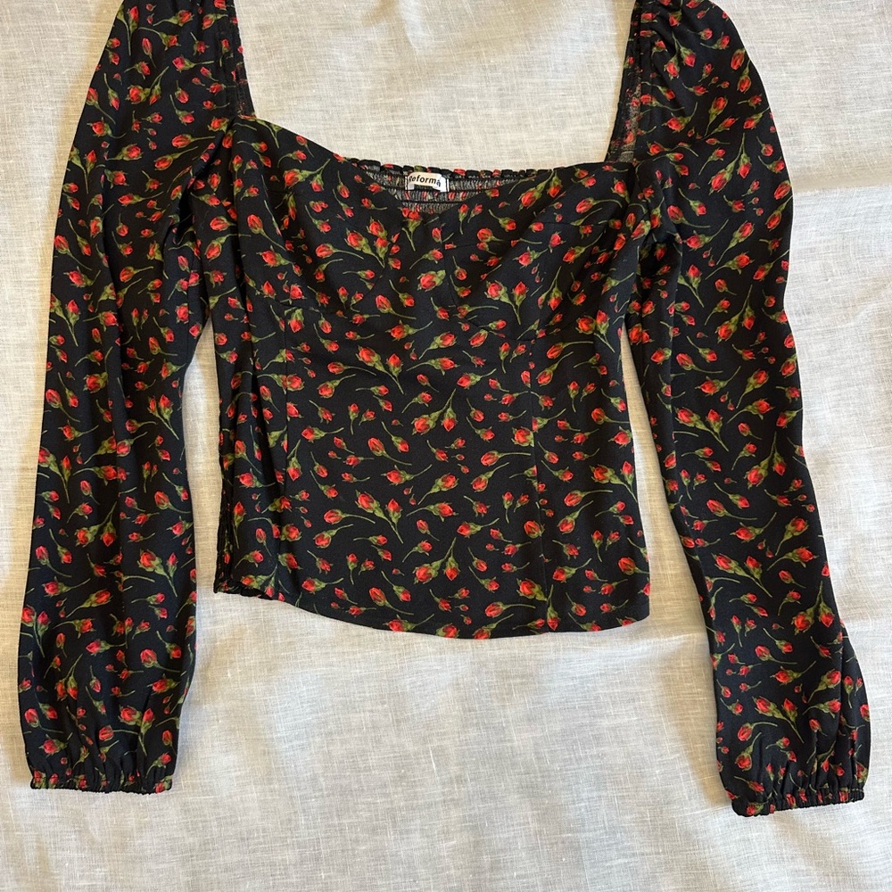 Reformation Black and Red Puff Sleeve Crop Blouse